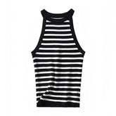 Black & White Striped Knit Halter Tank Top